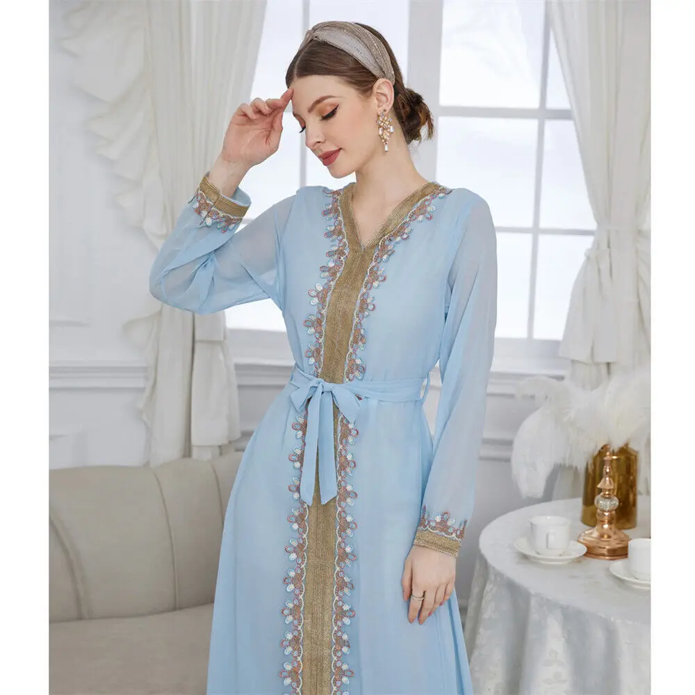 Fashion Muslim Women's Long Sleeve Dress Pleated Maxi Gown Dubai Kaftan Robe