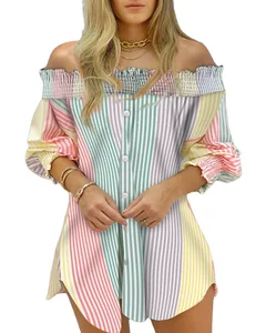 Hot Style Off Shoulder Contrast Color Striped Shirt Streetwear Women's Spring Blouses Woman Shirt