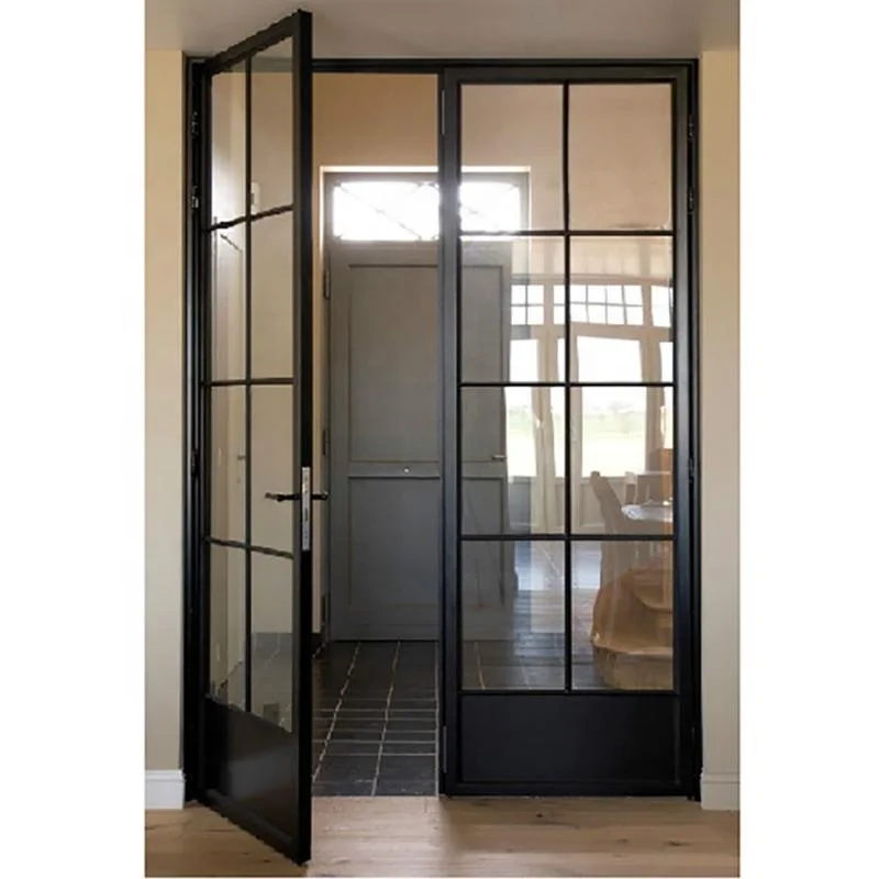Iron windows and Doors Black Frame Steel Tube Tempered Glass French Doors with Grids Design
