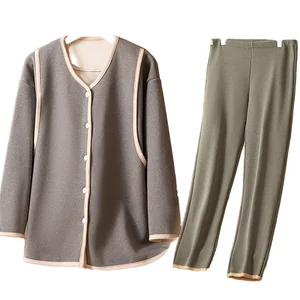 Autumn and Winter Maternity Casual Set Thickened Double Fabric Solid Color Cardigan for Breastfeeding Sleep & Lounge