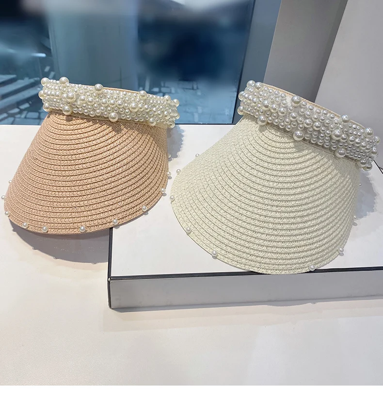 Custom Fashion Pearl Straw Hat Women's Summer Travel Vacation Empty Top Cap Sunscreen Sunshade Sun Visor Hat