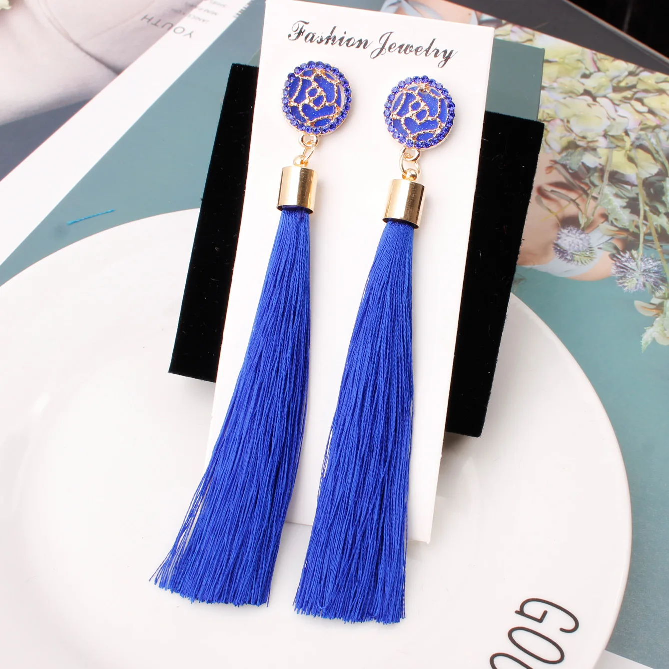 Long Tassel Earrings With Swarovski Rivoli Crystals, Royal Blue Bead  Embroidery Earrings, Bohemian Statement Earrings, Elegant Blue Earrings -  Etsy UK | Long tassel earrings, Earrings, Etsy earrings