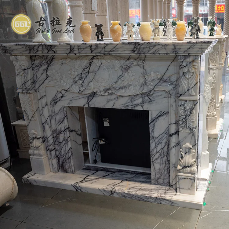 Custom Modern Large Freestanding Decorative Luxury Black Natural Stone Marble Fireplace