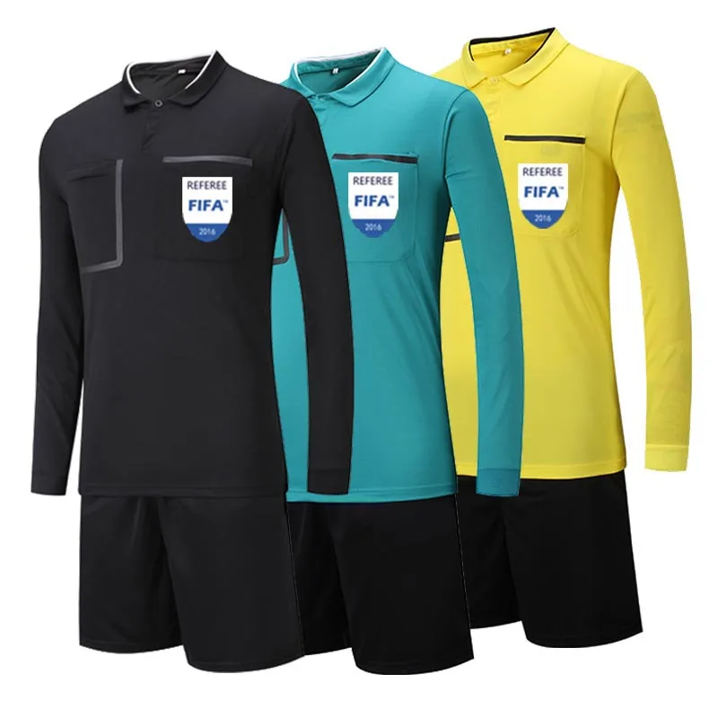 Popular Solid Style Soccer Referee Uniform Professional Football Shirts and Shorts Suits Jersey Black Yellow Green