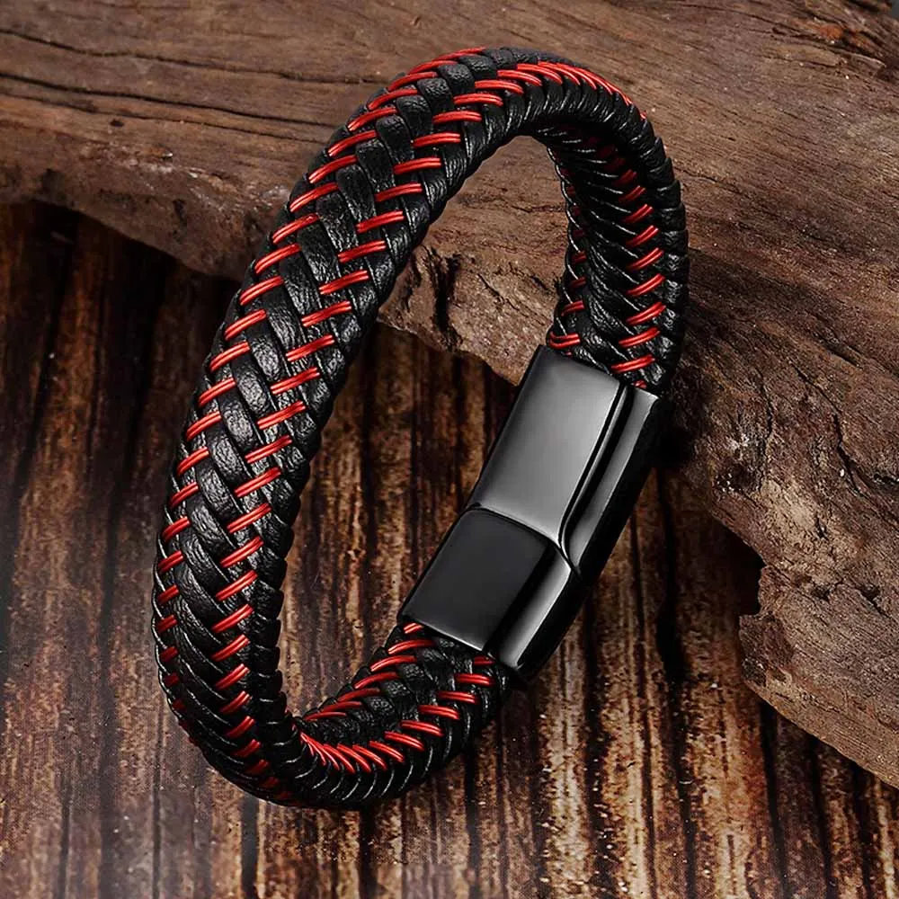 Mens Bracelet - Red Leather Braided Bracelet - Gold Tube Bracelet - Mens  Jewelry - Gifts for Guys- 100% Genuine Leather - Handmade Bracelet for men