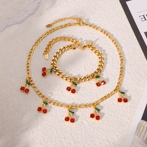 Ilona Fashionable Red Cherry Pendant 18k Gold Plated Stainless Steel Jewelry Set Trendy Simple Necklace Bracelet Set Accessories