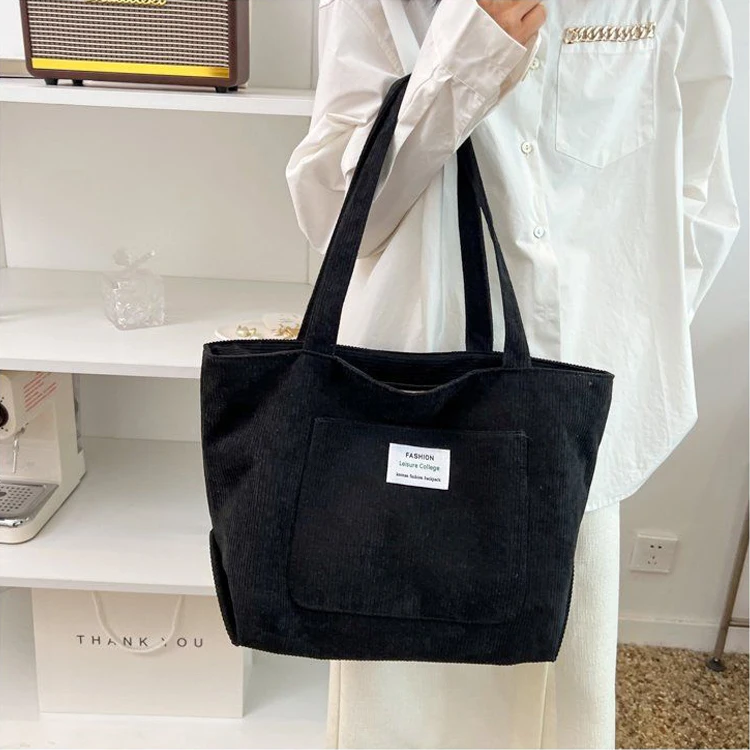 Eco Friendly Reusable Girls Small Large Shopper Corduroy Totes Shoulder Bags With Custom Printed Logo