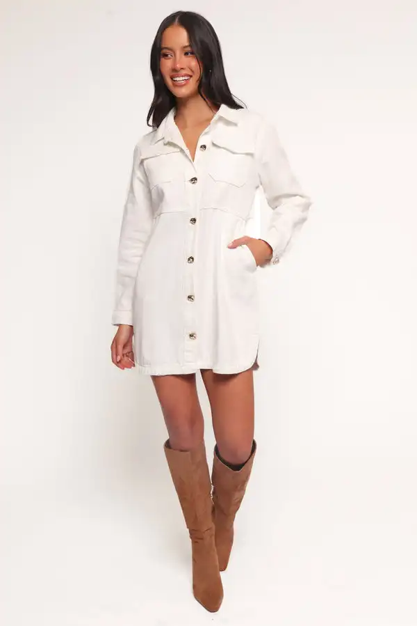 Women's Custom White Denim Dress Button up Long Sleeve Side Slit Mini Dress