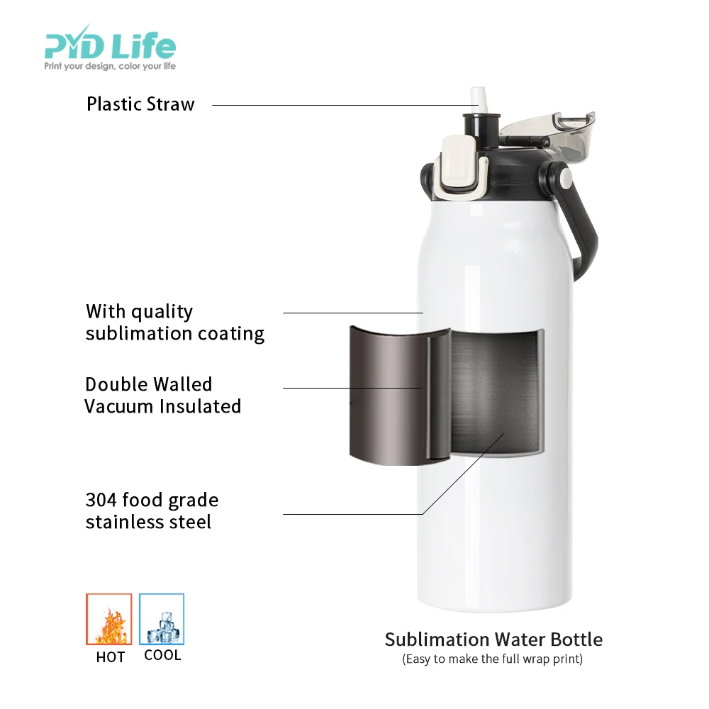 8 Bottiglie Termiche Per Sublimazione 600 Ml In Acciaio Inox 304 - Con Cannuccia E Manico, Bianche