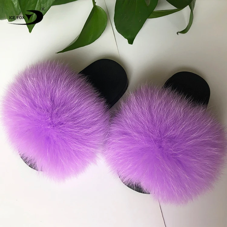 Оптовая продажа с фабрики, Нескользящие меховые тапочки, детские меховые тапочки радужной расцветки для маленьких девочек, детские меховые тапочки из лисьего меха