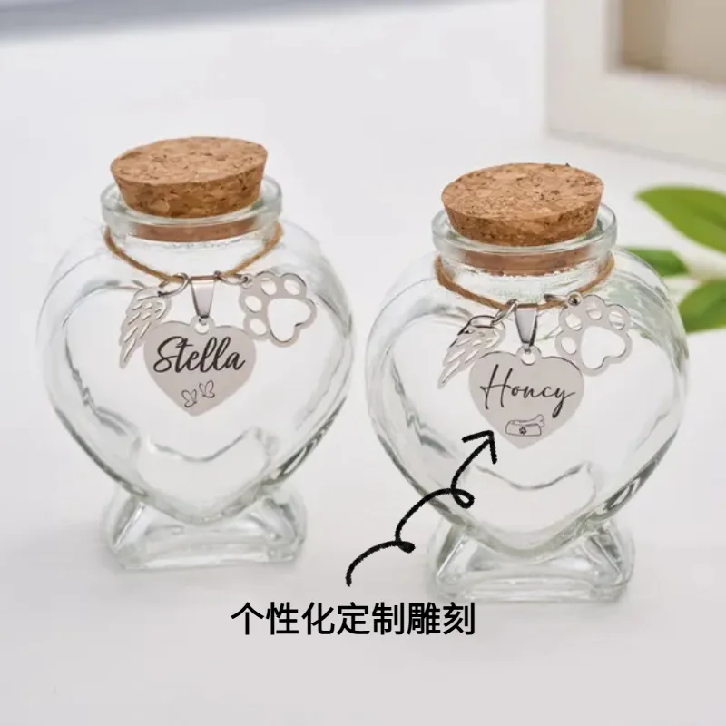 Modern Eco-friendly Engraved Pet Memorial Glass Bottle with Heart-shaped Design wings and Paw Print Pendant preview 5