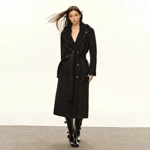 American Retro Detachable Hat Long Overcoat Jacket for Women Double Breasted Lace up Lapel Black Coat