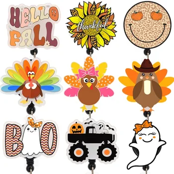 Mix Thanksgiving Halloween Acrylic Badge Reel For Holiday Decoration Pumpkin Ghost Turkey Badge Holder Accessories