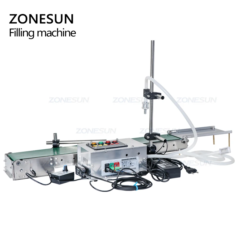 ZONESUN Small Scale Digital Plastic Bottle Soft Drink Juice Perfume Essential Oil Liquid Filling Machine With Conveyor
