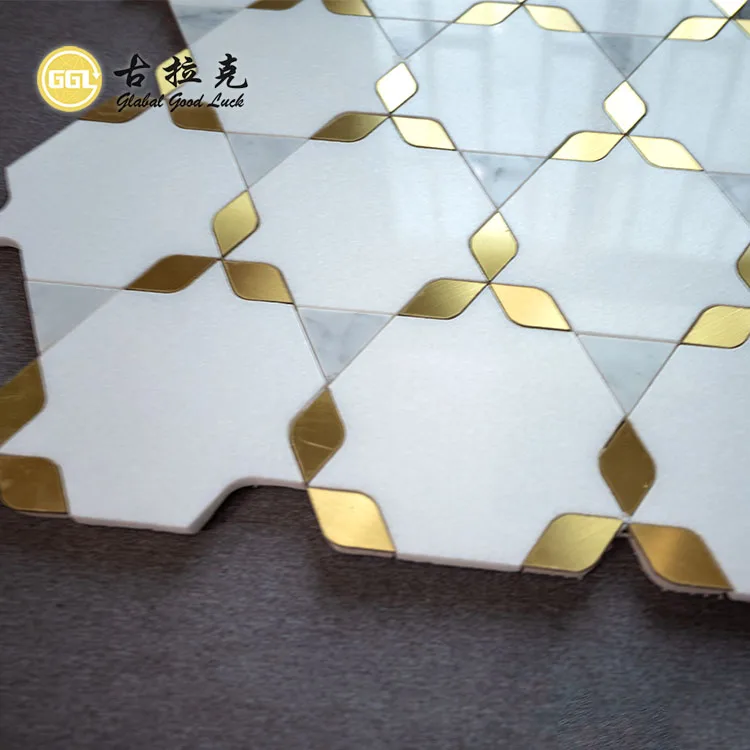 Wall or Floor White Thassos Marble Mosaic Tile Bathroom Waterjet Stone Mosaic Brass Collection supplier