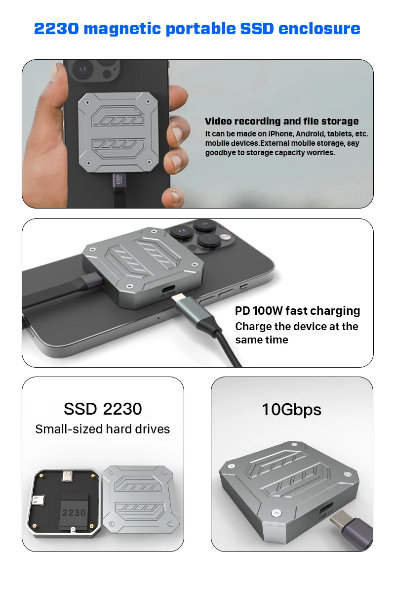 Welcome OEM Order, Factory Whole Selling Type C Usb3.1 10gbps Nvme Pcie M2 Ssd Magnetic Enclosure With 100w Pd Usb C Magnetic M.2 2230 Nvme Ssd Enclosure - Buy M.2 Magnetic Mobile Ssd Case usb-c Ssd Magnetic Case m.2 Nvme Pcie 2230 Magnetic Ssd Enclosure