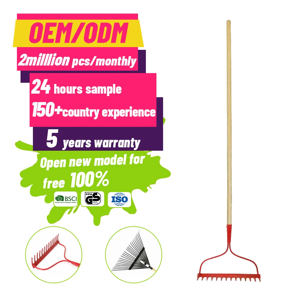 Metal Farming 14T Bow Rake Wholesale Factory Direct Product Carbon Steel with Long Fiberglass Handle Customized Logo DIY Wood