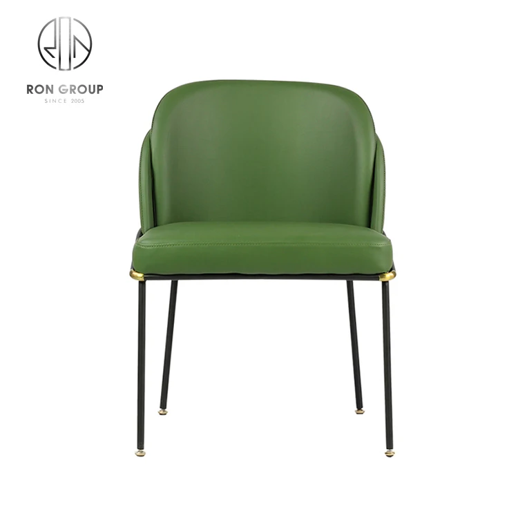 Classical Black Metal Frame Real Leather Dining Chair for Restaurant Kitchen With Green Armrest