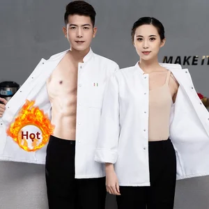 Autumn Winter Unisex Thickened Fleece-Lined Canvas Long Sleeve Chef Uniform Unisex Catering Hotel Restaurant Baking Tops Sets