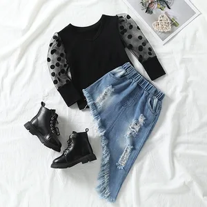 2021 Fashion Kids 2pcs Clothes Sets Polka Dot Mesh Long Sleeve T Shirts Tops Elastic Waist Cropped Skirt Children Girls Outfits