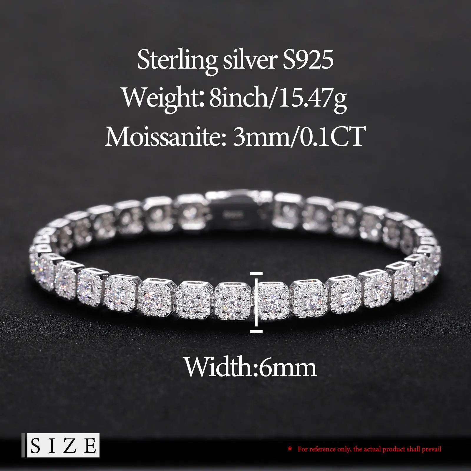 Exquisite VVS Moissanite High Quality White Gold Color Waterproof 925  Sterling Silver Tennis Bracelet for Men