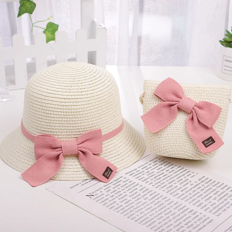 GG258 Kids Straw Bucket Hats with Bowknot & Crossbody Bags
