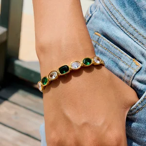 MW Women's 18K Gold-Plated Stainless Steel Bangle Waterproof Luxury Open Design with Trendy White/Green Zircons Gift