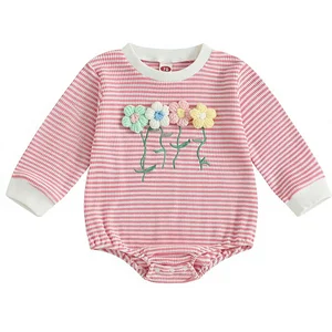Newborn Baby Girl Romper 3D Flower Fall Winter Clothes Striped Waffle Bubble Sweatshirt Cute Coming Home Outfit Made