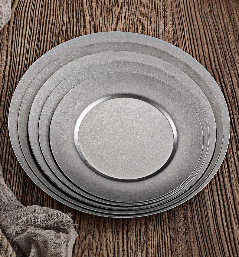 Japanese Retro Style  Stainless Steel Round Steak Plate Luxshiny  Dinner Sushi Dish Make Old Dessert Cake Candy Fruit Plates