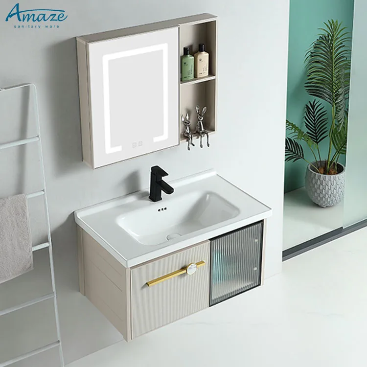 Modern new design bathroom cabinet smart mirror wall hanging aluminum cabinet wash basin sink