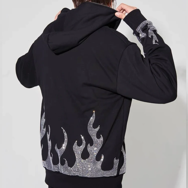Custom Streetwear Oversized Men's Zip Up Hoodie with Flame Rhinestone Design 330grams French Terry Fabric