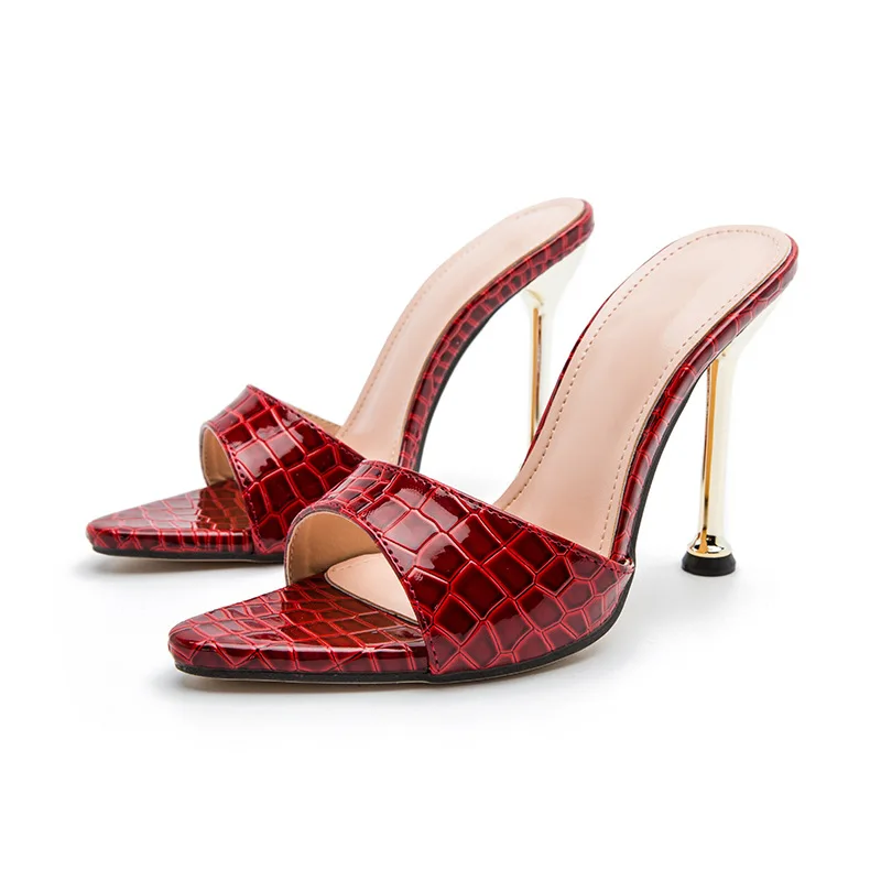 2022 New Arrival Sexy Pointed Toe Crocodile Pattern Women High Heels  Sandals Slip-On Slides Shoes Summer Fashion Slippers