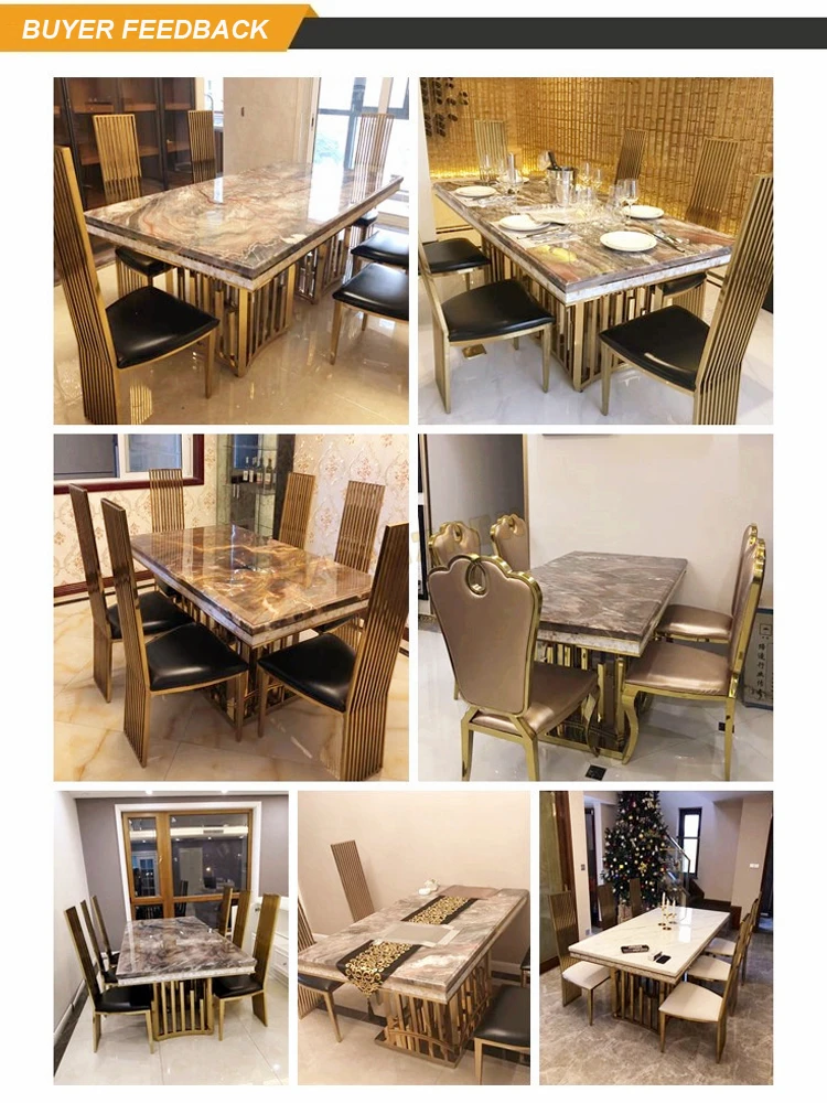 Modern 6 Seater Round Marble Dining Table Set with Golden Stainless ...