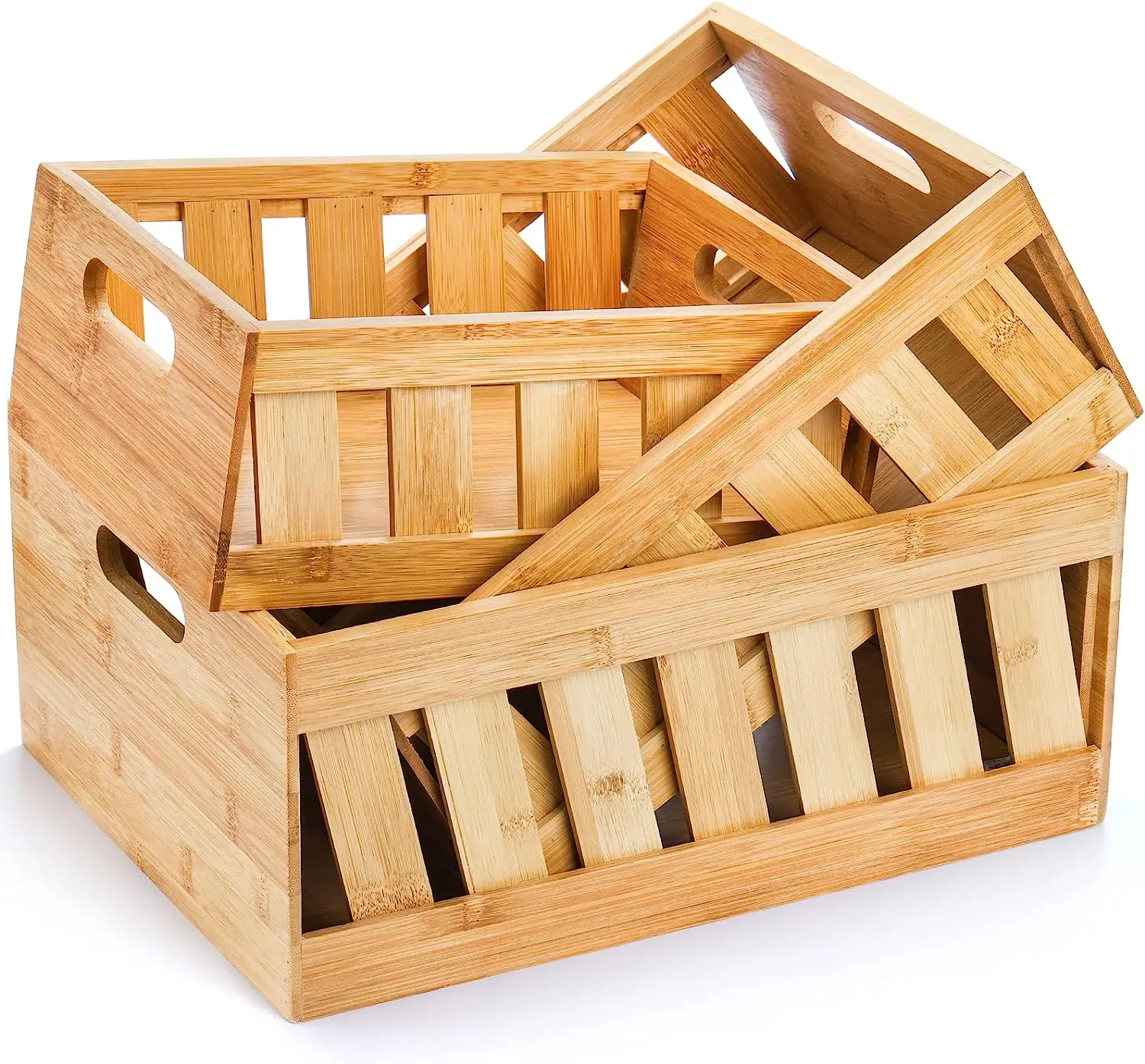 Farmhouse Style Wooden Box for Storage Decoration Display Bamboo Crates Storage Container with Handle