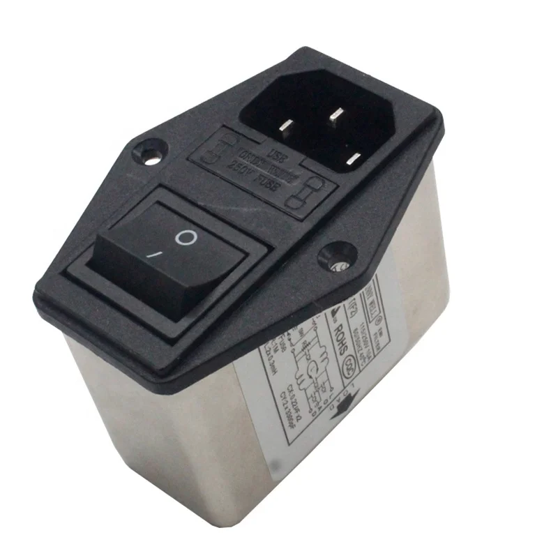 Industrial EMI Double Fuse Holder with Rocker Switch and 10A Socket Plug Filter for Industrial Applications