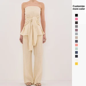 OEM High Quality Wholesale Women's Casual Two Piece Outfits Linen Strapless Top Wide Pants Set
