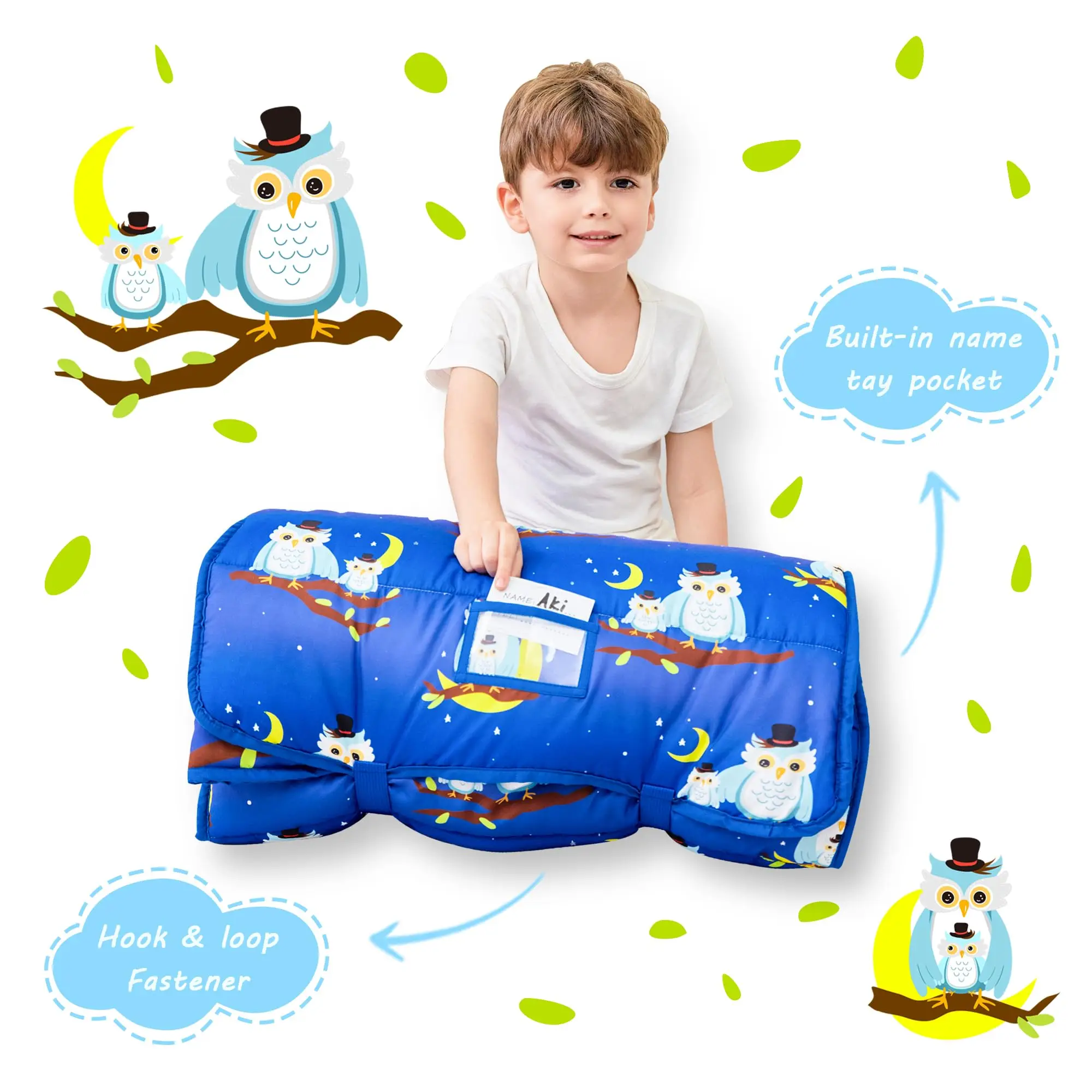 Aoyatex Kid nap mat suitable for preschool travel camping blur owl polyester fleece nap mat with pillow and blanket factory