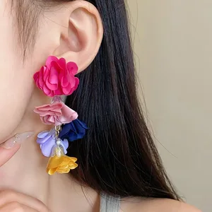 Holiday Style Long Earrings Niche Fabric Flower Earrings Bohemian Fashion Fresh Chain Earrings Female Earrings Wholesale