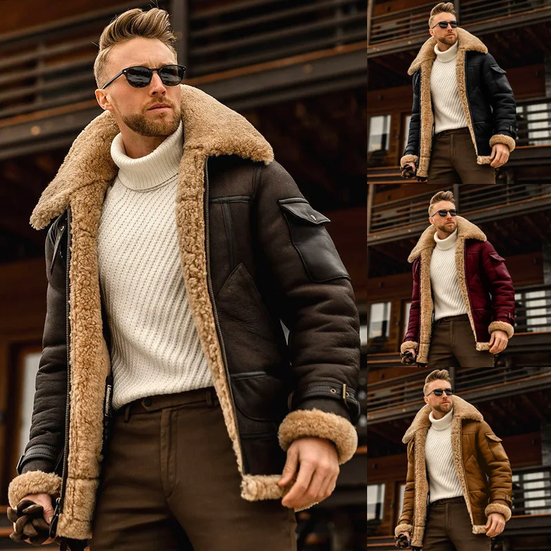 Winter Premium Solid Color Mid Length Men's Lapel Fleece Leather Knitted Jacket with Pockets