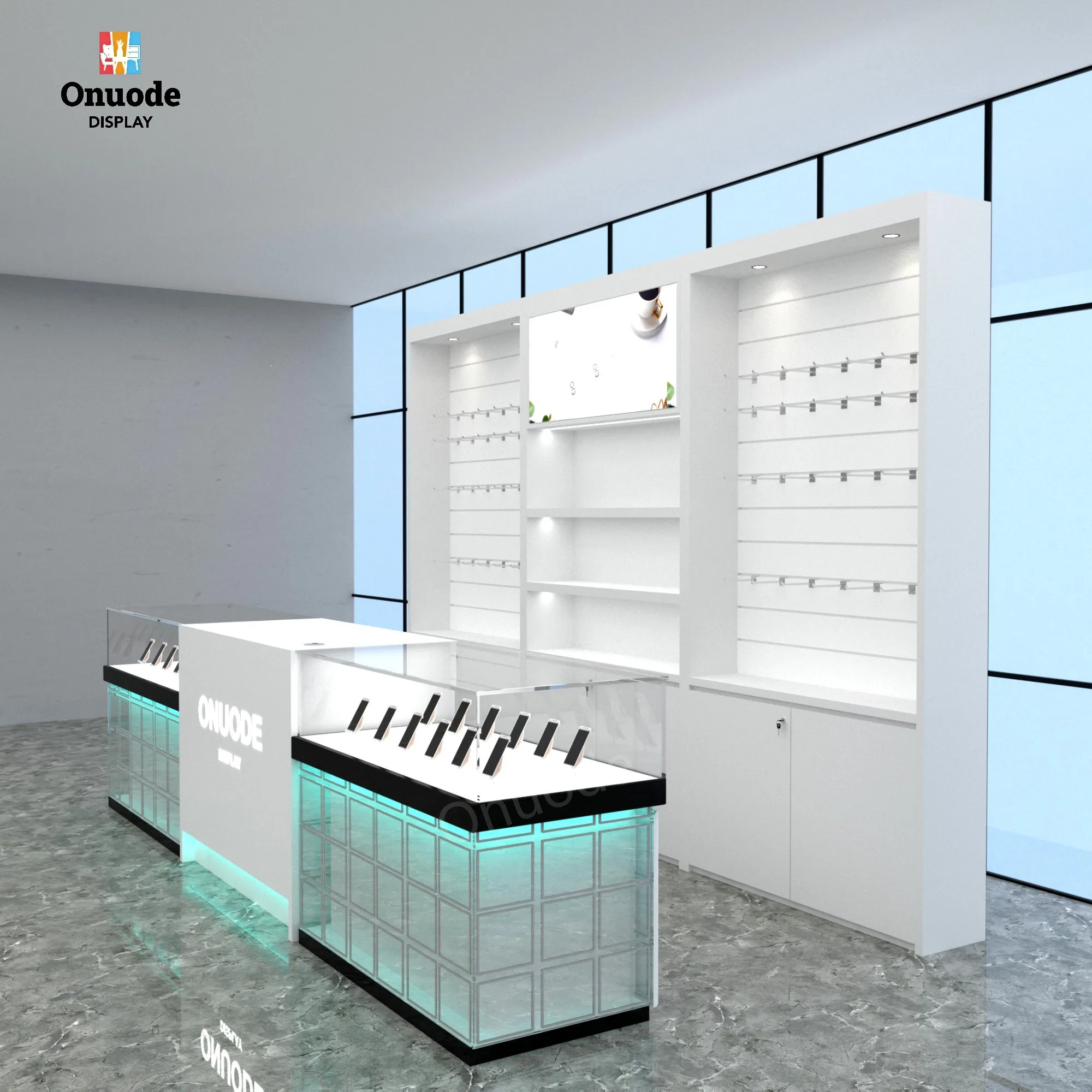 Store Front Counter Kiosk with LED Light Front Shelf Design for Cell Phone Display Showcase