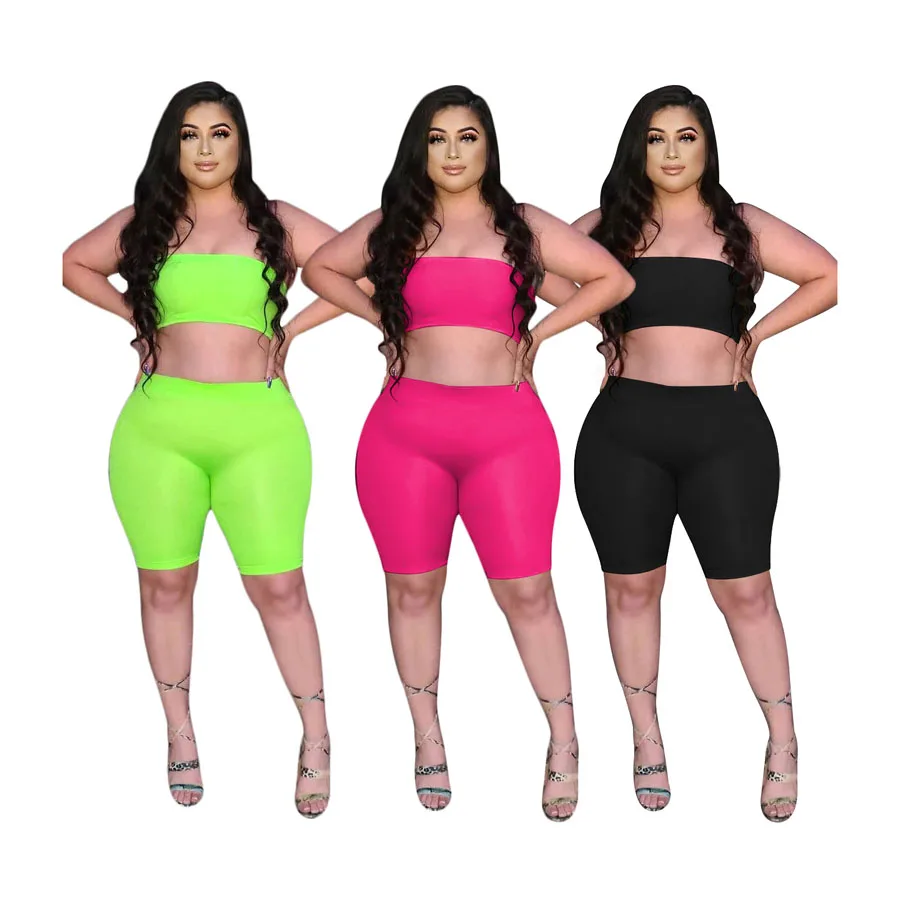 2021 P5081 women summer clothing solid color bra top and pants shorts sexy bodycon plus size 2 two piece sports set