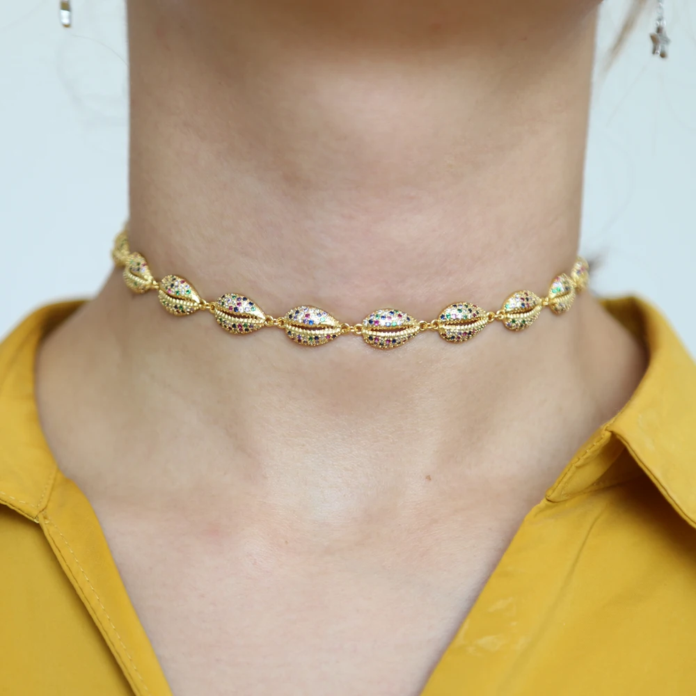 Promotion New Arrived Summer New Styles Shell Shape Tennis Chain Choker Necklace with Cz Paved Heavy Choker Necklace for Wedding