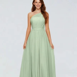 One-Shoulder Chiffon Bridesmaid Dress - Dusty Blue Ocean-Inspired Maxi Gown for Beach Weddings