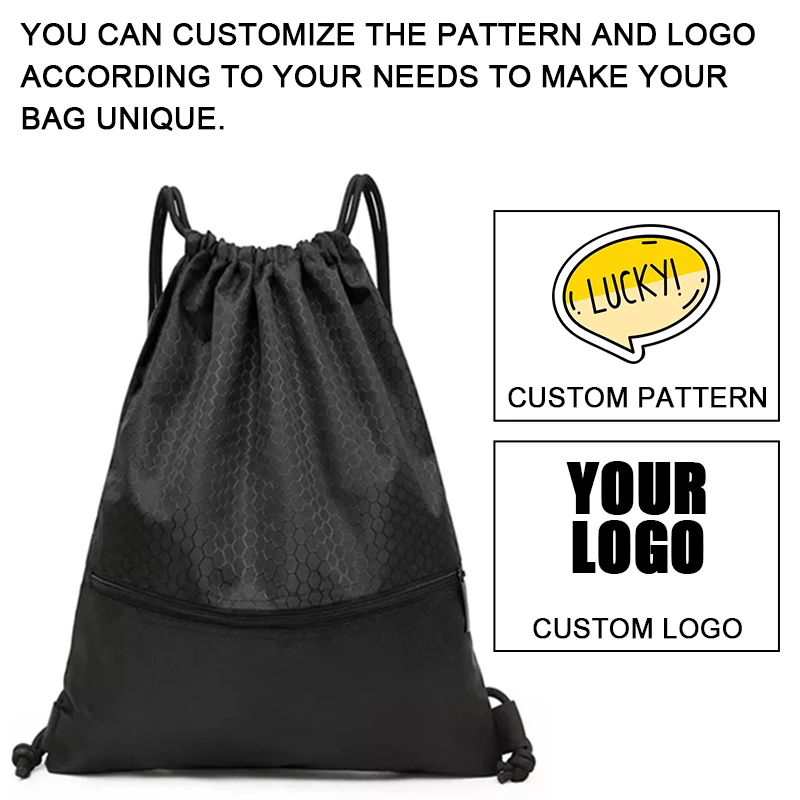 Custom Logo Large Capacity Waterproof Gym Black Blank 420D Polyester Sport Drawstring Backpack Bag with Pocket