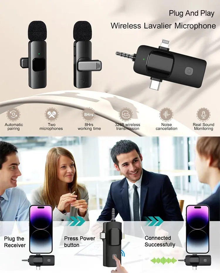 3 in 1 Dual Wireless Lavalier Mic Professional f Double Mini Lapel ...