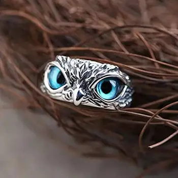 Wholesale Vintage Woman Mens Antique Silver Plated Adjustable Blue Owl Eye Rings Jewelry