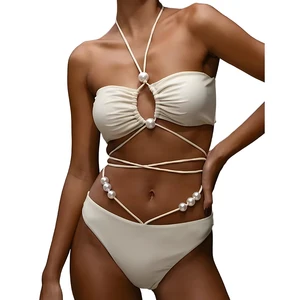 New Beach Vacation Off the Shoulder Swimsuit Split Bikini Swimwear Women's Sexy Solid Color Hollow Out Swimsuit with Beads