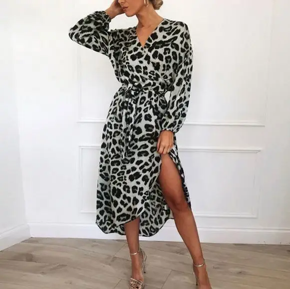 Оптовая продажа, лидер продаж, Повседневное платье с леопардовым принтом и V-образным вырезом, с завышенной талией, женская одежда