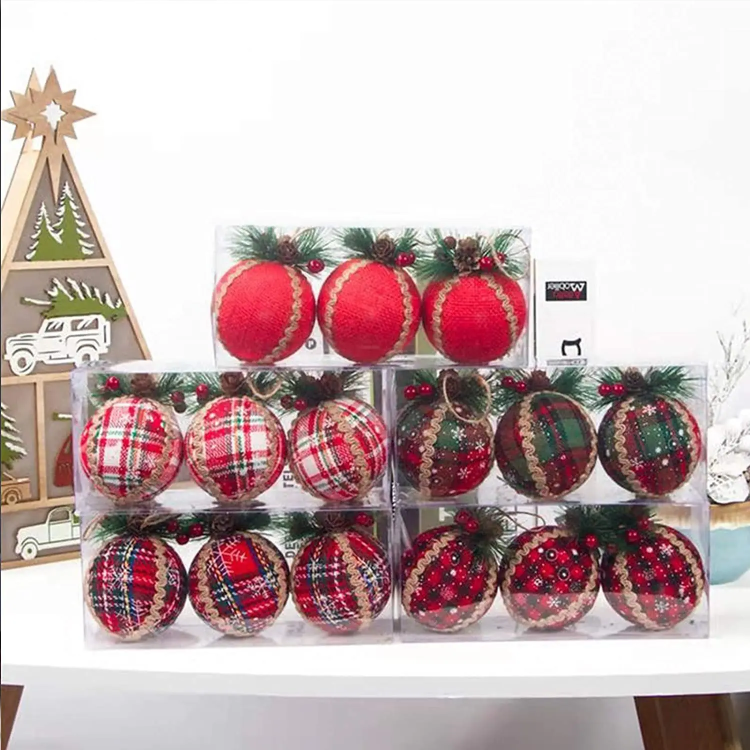 24pcs Christmas Plaid Ball Ornaments Buffalo Plaid Balls Plaid Wrap Ball Christmas Tree Hanging Ornaments Christmas Holiday Farmhouse Party Decor
