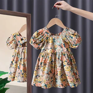 Summer Cotton Baby Clothes Girl's Floral Back Cross Webbing Dress Personality Bubble Short Sleeve Princess Clothes for Kids